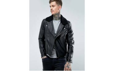 Faux Leather Biker Jacket With Borg Collar