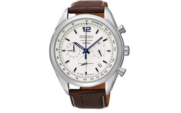 Chronograph White Dial Stainless Steel Brown Leather Watch SSB095