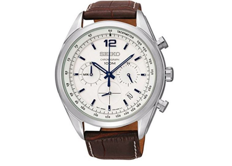 Chronograph White Dial Stainless Steel Brown Leather Watch SSB095