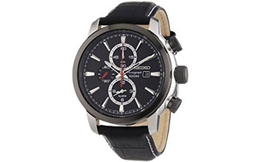 Sport Chronograph Black Dial Black Leather Watch SNAF47P2