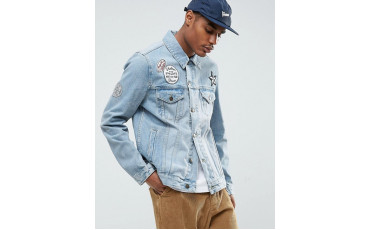 Denim Jacket with Badges in Mid Wash