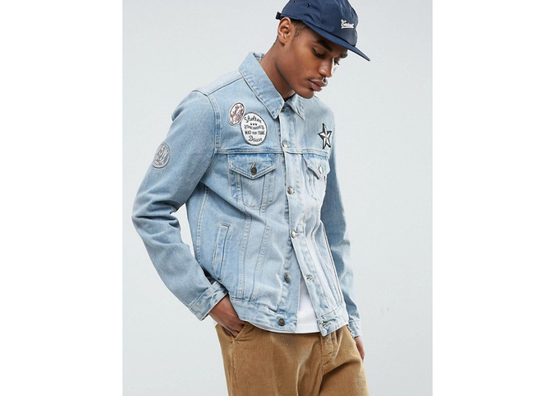 Denim Jacket with Badges in Mid Wash