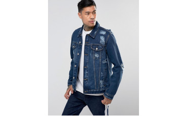 Denim Jacket in Blue Wash with Extreme Rips