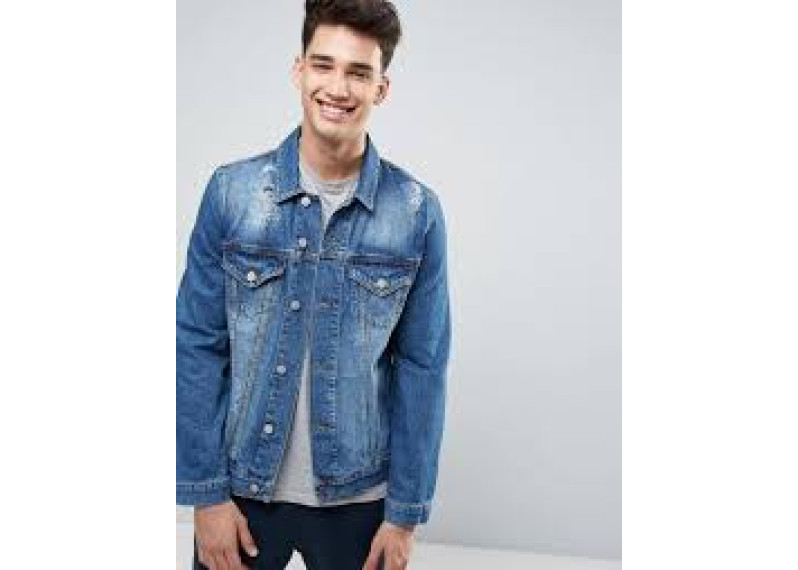 Denim Jacket in Mid Blue With Rips