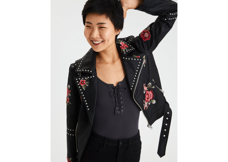 AE EMBROIDERED STUDDED FAUX-LEATHER MOTO JACKET