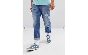 Skater Fit Jeans In Mid Wash With Rips