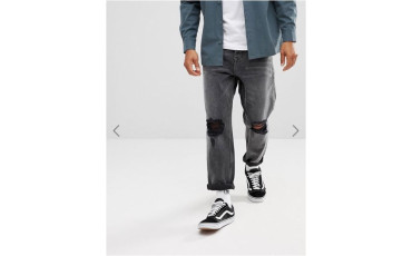 Skater Fit Jeans In Washed Black With Rips