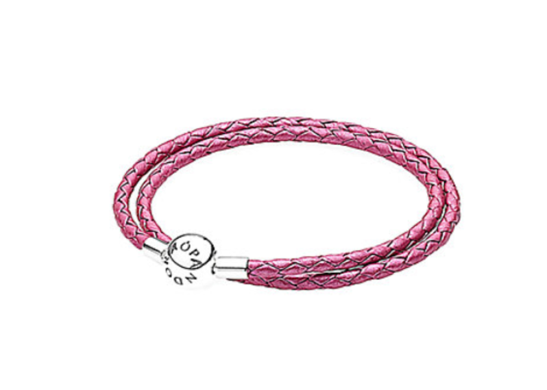 Silver & Honeysuckle Pink Leather Wrap Bracelet