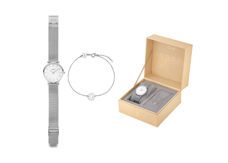MINUIT HEART SILVER MESH WATCH AND BRACELET GIFT BOX