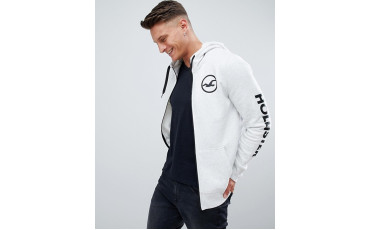 sleeve print logo full zip hoodie in grey