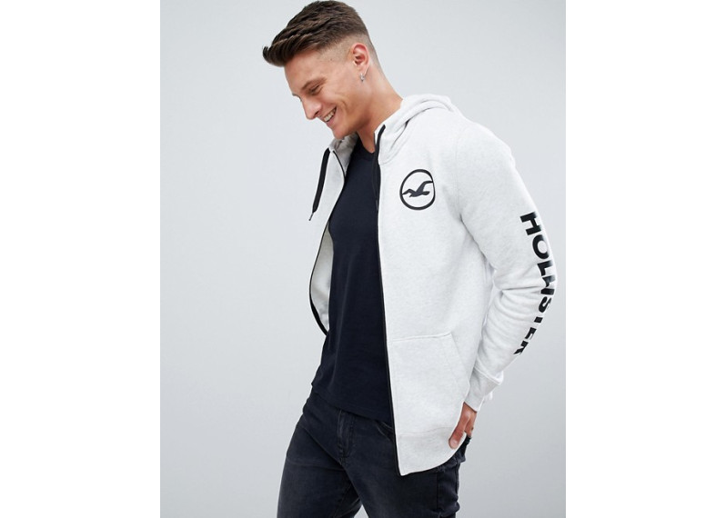 sleeve print logo full zip hoodie in grey