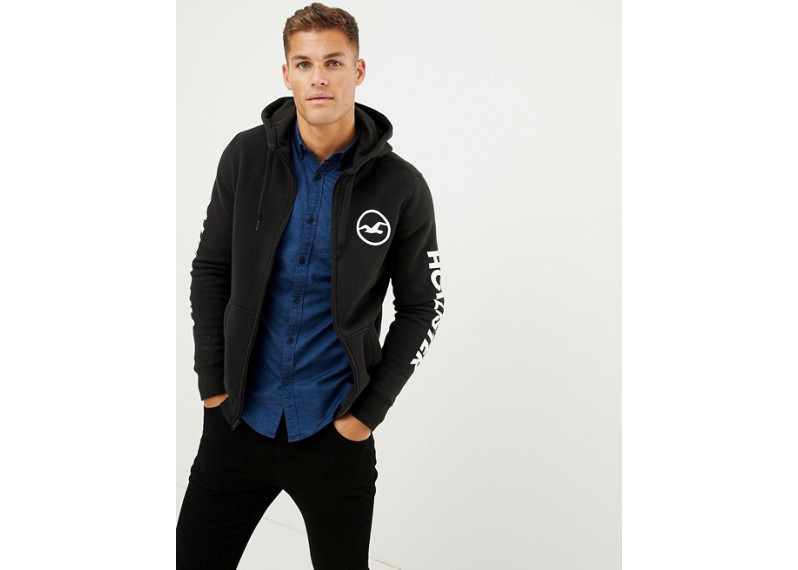 sleeve print logo full zip hoodie in black