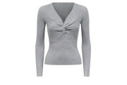Cameo Rose Grey Ribbed Twist Front Jumper
