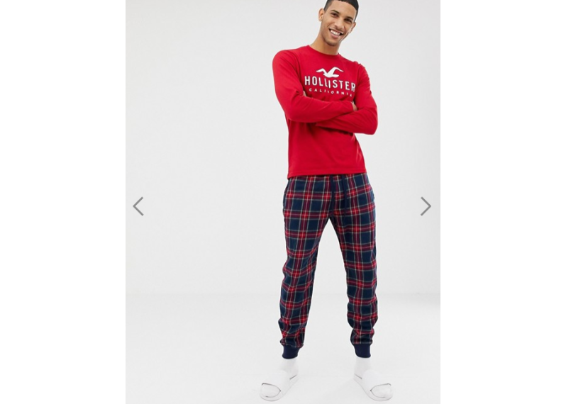 Hollister lounge gift set check cuffed joggers & logo long sleeve top in navy/red