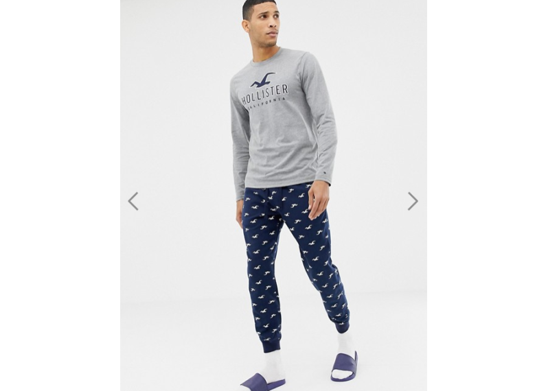 Hollister lounge gift set icon cuffed joggers & logo long sleeve top in navy/gray