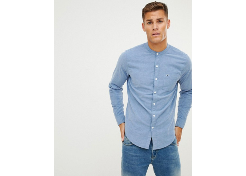 icon logo banded collar chambray shirt in blue