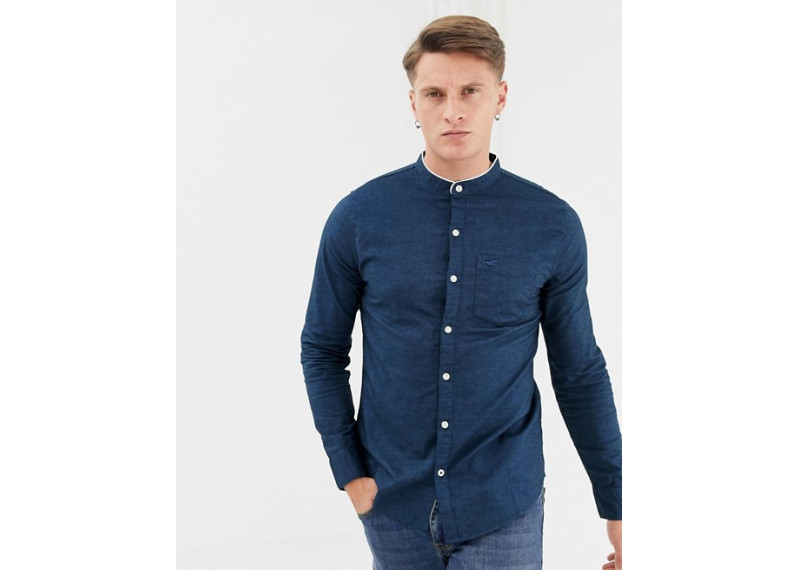 muscle fit banded collar icon logo oxford shirt in navy