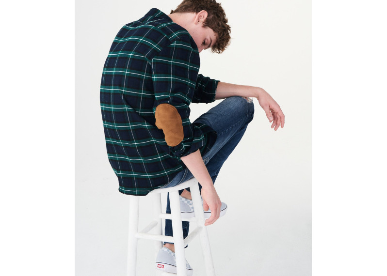 LONG SLEEVE PLAID ELBOW PATCH WOVEN SHIRT