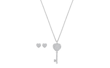 Engaged Rhodium Plated Pave Swarovski Crystal Heart Stud Earrings & Necklace Set