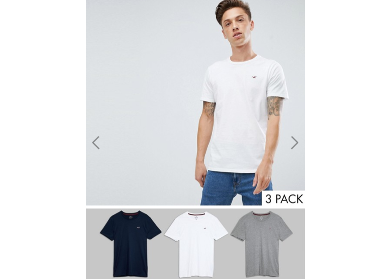 Hollister 3 pack crew neck t-shirt seagull logo slim fit in white/grey/navy