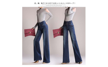 日本極顯腳長女性品味爆燈高腰牛仔喇叭褲 ブルー3