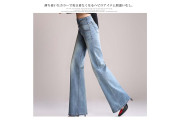 日本極顯腳長女性品味爆燈高腰牛仔喇叭褲 ブルー1