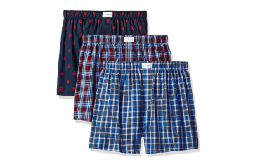 Tommy Hilfiger Men's Underwear 3 Pack Cotton Classics Woven Boxers - Red Plaid/Tommy Hilfiger Logo Print/Blue Plaid