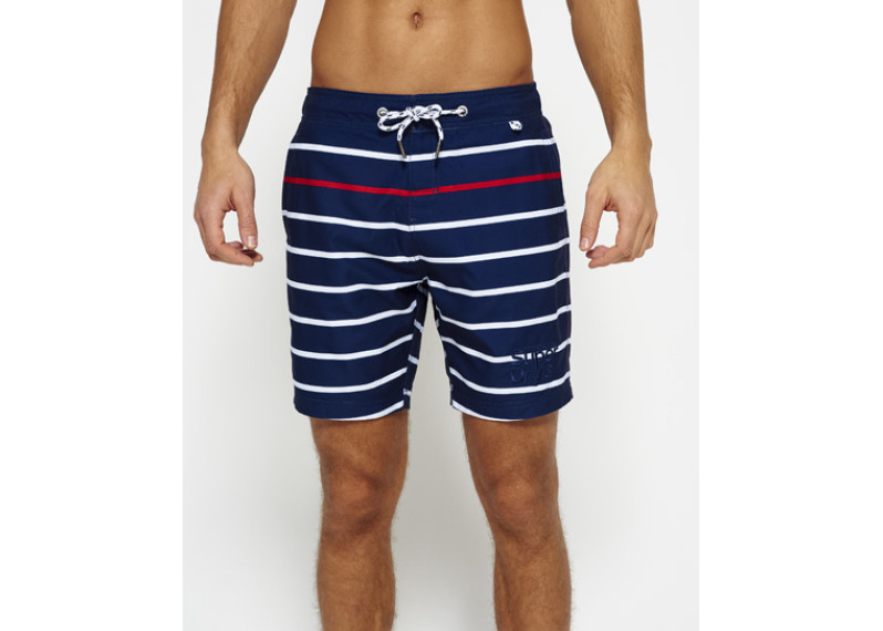 Vacation Stripe Swim Shorts - worn nautical navy stripe