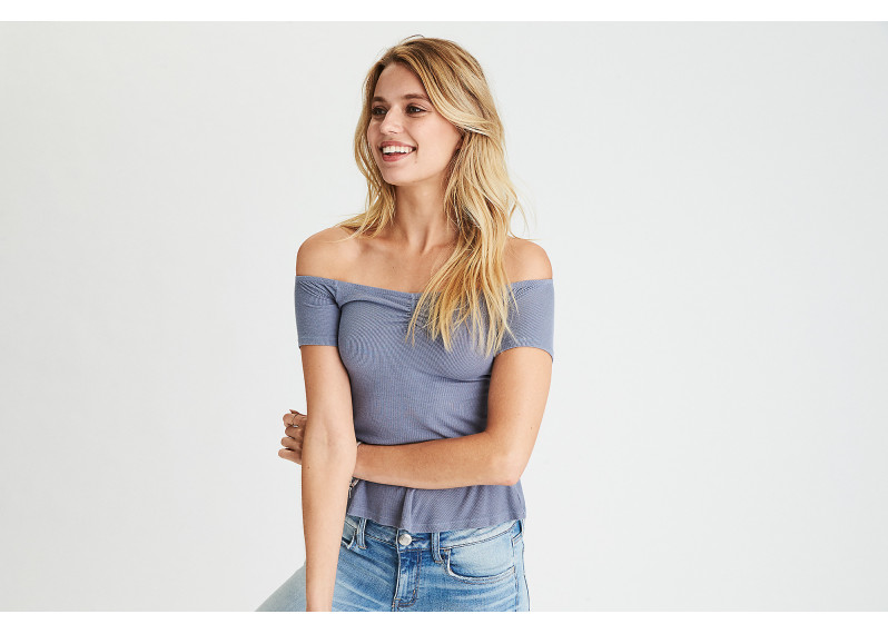 AEO SOFT & SEXY OFF-THE-SHOULDER T-SHIRT - Stone Gray