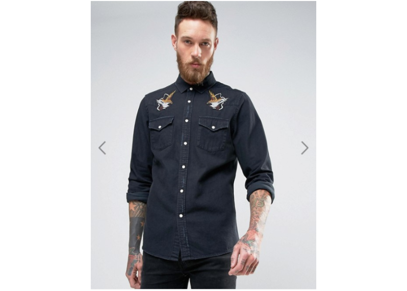 ASOS Regular Fit Western Denim Shirt With Distressing and Placement Embroidery